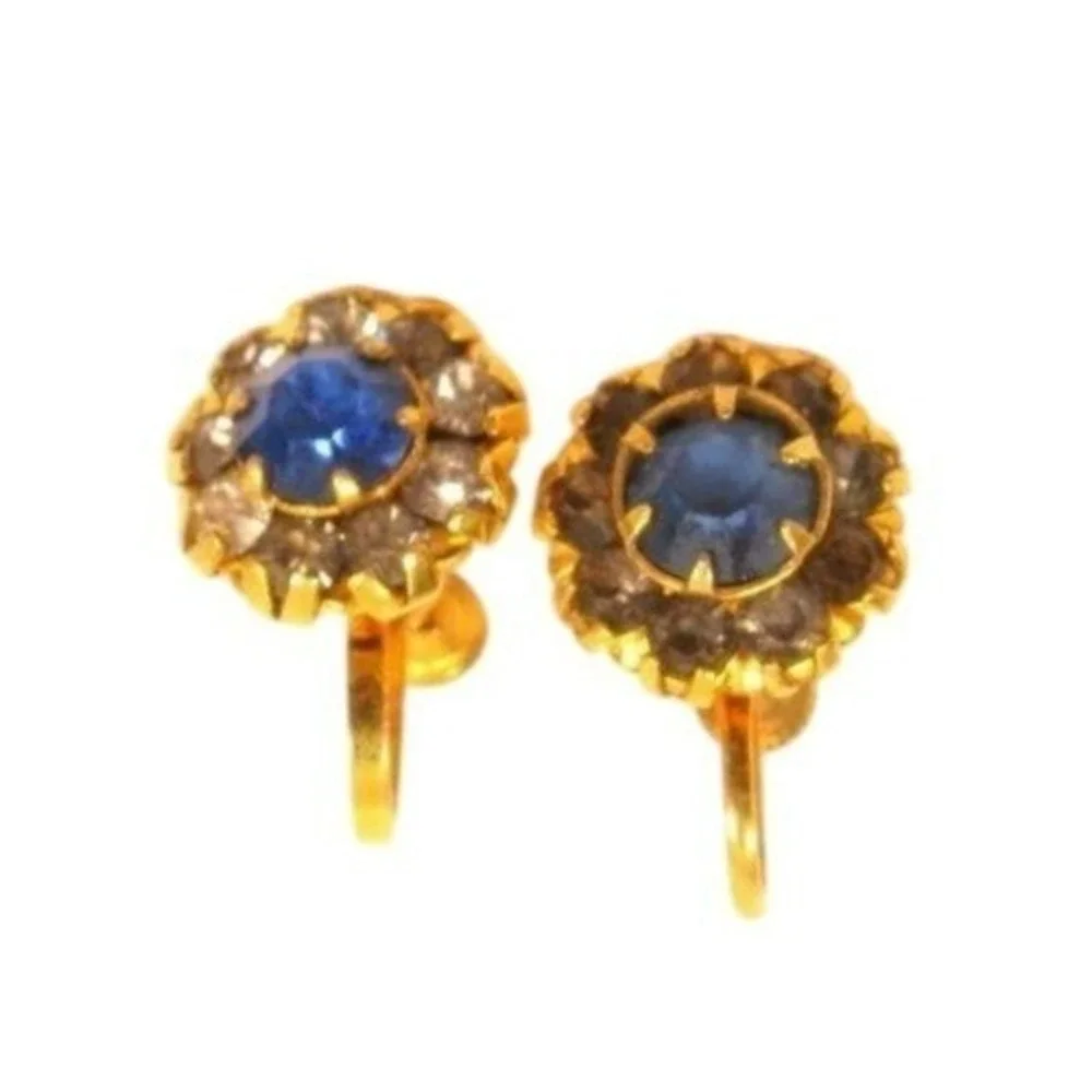 Antique Blue Smoky Gray Rhinestone White‎ Co 12K GF Gold Filled Flower Earrings